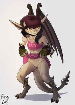 anthro blush bottomless claws clothed clothing female flat_chested genitals looking_at_viewer simple_background smile smiling_at_viewer solo standing toe_claws vulva wings yellow_eyes kingdorkster deadlock_(game) valve ivy_(deadlock) gargoyle 2026 absurd_res hi_res