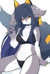 anthro arm_tuft bikini black_bikini black_clothing black_hair black_swimwear breasts clothing female fur grey_body grey_fur hair kemono long_hair looking_at_viewer pawpads shoulder_tuft solo swimwear tuft two-piece_swimsuit white_body white_fur yellow_eyes spommmm mammal 2024