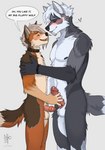 anthro balls biped black_nipples black_nose blush bodily_fluids brown_body brown_fur chest_tuft claws collar collar_only dialogue duo erection eyes_closed fur genital_fluids genitals grey_body grey_fur hair hand_on_penis hand_on_shoulder handjob heart_symbol holding_partner holding_penis humanoid_genitalia humanoid_hands humanoid_penis leaking_precum lidded_eyes looking_at_another looking_at_partner looking_pleasured male male/male masturbation multicolored_body multicolored_fur nipples nude open_mouth pecs penile penile_masturbation penis penis_size_difference precum romantic romantic_ambiance romantic_couple sex size_difference speech_bubble tail teeth text tongue tongue_out tuft white_hair norikowolf noriko_oomori yunori canid canine canis mammal wolf 2022 digital_media_(artwork) english_text hi_res