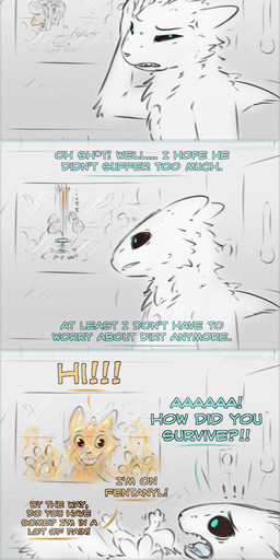 annoyed anthro black_body black_fur black_nose blood blue_pupils bodily_fluids colored_blood dialogue drugged drugs duo fentanyl fluffy fluffy_tail fur humor nosebleed orange_blood orange_sclera pawpads paws pupils shocked speech_bubble substance_intoxication tail text unusual_blood unusual_bodily_fluids white_body white_fur white_nose shadarrius casualties:_unknown canid canine expie_(gunsawian) gunsawian mammal milky_(gunsawian) absurd_res comic english_text hi_res
