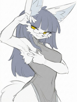 5_fingers :3 anthro arm_tuft armpit_fetish armpit_tuft asian_clothing bangs bare_hips bedroom_eyes big_ears biped blue_hair breasts chinese_clothing chinese_dress clothed clothed_anthro clothed_female clothing dress east_asian_clothing eyewear facial_tuft female female_anthro fingers fluffy fluffy_tail fur glasses grey_clothing hair hip_tuft inner_ear_fluff long_hair looking_at_viewer medium_breasts narrowed_eyes navel_outline pose raised_arm seductive shoulder_tuft simple_background skimpy_dress sleeveless_clothing sleeveless_dress smile smiling_at_viewer solo standing tail teasing teasing_viewer text tuft wearing_glasses white_body white_fur yellow_eyes eneki_sei canid canine canis mammal wolf 2026 3:4 artist_name guide_lines pinup portrait signature three-quarter_portrait