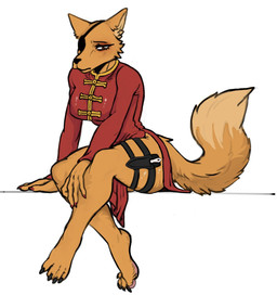 4_toes anthro asian_clothing barefoot breasts brown_eyes chinese_clothing chinese_dress claws clothing colored_nails curling_toes dress east_asian_clothing eye_patch eyelashes eyewear feet female finger_claws full_foot_pawpads fur leg_holster legband looking_at_viewer makeup mascara nails one_eye_obstructed orange_body orange_fur pawpads paws pink_pawpads pose red_clothing red_dress red_nails simple_background sitting solo tail toe_claws toes white_background roofieredd beastars ten_(beastars) canid canine fox mammal 2026 hi_res pinup