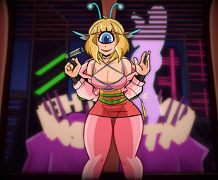 1_eye antennae_(anatomy) big_breasts blonde_hair blue_eyes breasts butt butt_from_the_front cleavage clothed clothing curvy_figure cyberpunk detailed_background eyelashes female fingerless_gloves fingers freckles gloves hair handwear humanoid_pointy_ears inside jacket leggings legwear light-skinned_female light_body light_skin looking_at_viewer not_furry pointy_ears ring ring_(jewelry) smile solo text thick_thighs topwear wide_hips seven_(artist) alien alien_humanoid cyclops humanoid 2023 absurd_res artist_name digital_drawing_(artwork) digital_media_(artwork) hi_res watermark