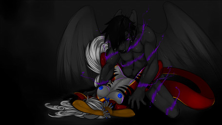 ambiguous_penetration arms_above_head black_background blue_nails blue_nipples blue_nose bodily_fluids breasts colored_nails dark duo feathered_wings feathers female female_penetrated fingerless_(marking) from_front_position gloves_(marking) grey_body grey_feathers hair lying magic male male/female male_penetrating male_penetrating_female markings missionary_position nails nipples nude on_back penetration sex simple_background spread_legs spreading sweat tail white_hair wings katski mythology canid canine canis dragon hybrid mammal mythological_creature mythological_scalie scalie wolf