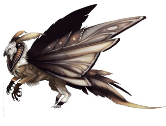 ambiguous_gender beak black_beak brown_body brown_fur claws feathers feral fur membrane_(anatomy) membranous_wings simple_background solo standing white_background white_body white_feathers white_fur wings nukerooster arthropod avian hybrid insect lepidopteran mammal moth
