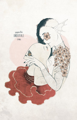 anthro blush butterfly_on_finger clothing dress duo ear_fins ear_frill eyelashes eyes_closed female female/female fin flower flower_eye_patch frill_(anatomy) frilly frilly_clothing frilly_dress head_spikes hug kissing nails noseless plant red_clothing red_dress sharp_nails sidecut size_difference spikes spikes_(anatomy) yuyeon-kim undertale undertale_(series) alphys undyne animal_humanoid arthropod butterfly fish fish_humanoid humanoid insect lepidopteran lizard marine marine_humanoid monarch_butterfly reptile scalie 9:14 hi_res spot_color
