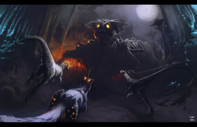 ambiguous_gender attack black_bars detailed_background feral glowing glowing_eyes group night outside plant sky tree grypwolf kukuri unknown_species 14:9 2016 digital_drawing_(artwork) digital_media_(artwork)