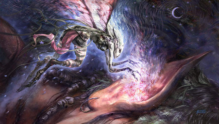 ambiguous_gender armor breasts claws duo ear_piercing ear_ring extreme_size_difference female hair humanoid_pointy_ears insect_wings looking_down magic not_furry piercing pointy_ears ring_piercing size_difference wings aleksi_briclot hasbro magic:_the_gathering wizards_of_the_coast fairy humanoid official_art