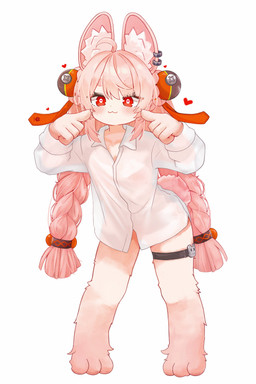 :3 anthro blush blush_lines bottomless braided_hair breasts claws clothed clothing ear_piercing eyelashes female fur hair heart_eyes heart_symbol inner_ear_fluff long_hair looking_at_viewer paws piercing pink_body pink_fur pink_hair red_eyes shirt shirt_only simple_background small_breasts solo tail topwear topwear_only translucent translucent_clothing tuft young young_anthro young_female myappi_artenya mihoyo zenless_zone_zero zhao_(zenless_zone_zero) lagomorph leporid mammal rabbit 2026 absurd_res full-length_portrait hi_res portrait adult_(lore)