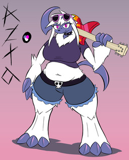 anthro belt big_breasts breasts claws clothing crop_top electric_guitar eyewear female finger_claws fur grey_body guitar hair horn looking_at_viewer midriff musical_instrument pink_eyes plucked_string_instrument semi-anthro shirt slightly_chubby slightly_chubby_female solo standing string_instrument sunglasses text thick_thighs toe_claws topwear torn_clothing white_body white_fur vvmilotic nintendo pokemon azta_serenade absol generation_3_pokemon pokemon_(species) absurd_res hi_res