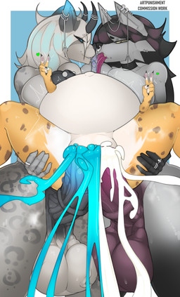 abdominal_bulge andromorph andromorph/gynomorph andromorph_penetrated animal_genitalia animal_penis anthro balls black_horn black_nipples black_sclera blue_cum blue_ear_tips blue_eyes blue_penis bodily_fluids clitoris collar colored_cum cum cum_in_vagina cum_inflation cum_inside cum_leaking_out dipstick_ears double_penetration double_vaginal ear_markings ejaculation equine_genitalia equine_penis erection facial_piercing genital_fluids genitals gesture glowing glowing_cum glowing_ear_tips glowing_eyes glowing_genitalia glowing_penis green_eyes group group_sex gynomorph hand_gesture horn humanoid_genitalia humanoid_vulva inflation intersex intersex/intersex intersex_penetrated interspecies kissing leaking_cum licking_tongue multicolored_ears nipple_piercing nipples nose_piercing nose_ring oil_slick_saliva penetration penile penile_penetration penis piercing red_penis ring_piercing sex size_difference spilling spread_legs spreading stretched_vagina sweat sweatdrop text thick_penis threesome tongue tongue_on_tongue tongue_out trio unusual_bodily_fluids unusual_cum unusual_genital_fluids v_sign vaginal vaginal_penetration vein veiny_balls veiny_penis vulva artpunishment leo_(cosmicservalleo) nyx_(artpunishment) riva_(rivetstheblue) canid canine canis demon felid feline hybrid mammal pantherine serval snow_leopard wolf absurd_res english_text hi_res