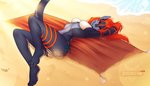 anthro beach bikini catherinemeow clothing digital_media_(artwork) ear_piercing female fish hair hi_res looking_at_viewer marine meeple_(rappy) piercing red_eyes red_hair sand seaside shaded shark solo swimwear two-piece_swimsuit