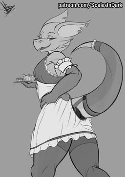 bottomwear breasts butt clothed clothing ear_piercing female flesh_tunnel furgonomics gauged_ear grey_background legwear looking_at_viewer maid_uniform non-mammal_breasts piercing presenting presenting_hindquarters serving simple_background skirt solo stockings tail tail_through_skirt uniform scalesindark lya_(scalesindark) scalie digital_media_(artwork) hi_res monochrome sketch
