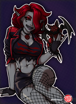 bat_wings big_breasts black_body black_clothing black_fur bottomwear bracelet breasts choker cleavage clothed clothing cropped_jacket curvy_figure ear_piercing ear_ring eye_tattoo eyeshadow facial_tattoo fangs female fingerless_gloves fishnet_clothing fishnet_leggings fishnet_legwear fur gloves grey_body grin hair handwear heart_nose heart_symbol holding_animal horn hourglass_figure humanoid_pointy_ears jacket jewelry leather leather_clothing leggings legwear lipstick long_ears makeup membrane_(anatomy) membranous_wings miniskirt necklace occult_symbol pattern_background pentagram piercing pincer_tail pincers pointy_ears pupils red_accents red_hair red_pupils ring_piercing segmented_body shirt simple_background sitting skirt smile smiling_at_viewer solo spiked_bracelet spikes stockings symbol t-shirt tattoo teeth thong_straps tight_clothing topwear torn_clothing torn_shirt torn_t-shirt torn_topwear wide_hips wings predaguy dollia_(giagus) arthropod bat humanoid hybrid insect mammal hi_res screentone