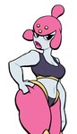 absurd_res big_breasts black_eyes breasts cleavage clothed clothing dark_topwear eyelashes female generation_3_pokemon grey_body grey_clothing grey_topwear hand_on_hip hi_res humanoid lips looking_at_viewer lovetopullmicke medicham navel nintendo pink_lips pokemon pokemon_(species) simple_background solo thick_thighs topwear white_background wide_hips