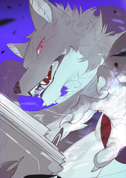 ambiguous_gender anthro book claws clothed clothed_anthro clothing countershade_face countershade_fur countershading fangs finger_claws fur grey_body grey_fur half-closed_eyes holding_book holding_object inner_ear_fluff looking_at_viewer looking_down looking_down_at_viewer narrowed_eyes open_book open_mouth pupils purple_background red_eyes scarf simple_background solo teeth tongue_showing topwear tuft white_clothing white_inner_ear_fluff white_sclera white_topwear chiayeeee canid canine canis mammal wolf 2024 absurd_res bust_portrait digital_drawing_(artwork) digital_media_(artwork) hi_res portrait