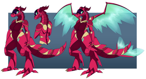 anthro breasts claws dark_body dark_horn female green_eyes green_tail green_wings horn red_body red_horn red_tail red_wings solo spikes spikes_(anatomy) standing tail visor_eyes wings yellow_body yellow_claws yellow_tail yellow_wings motherlatias mythology dragon hybrid mythological_creature mythological_scalie scalie synth_(vader-san) 2026 absurd_res hi_res model_sheet