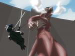 ambiguous_gender blue_body blue_skin cape cloak clothed clothing cloud duo hair holding_object holding_weapon long_hair melee_weapon muscular omni-directional_mobility_gear open_mouth outside rope size_difference steam swinging sword teeth weapon petresko attack_on_titan alien monster sepilian titan_(attack_on_titan) hi_res