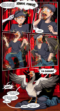 beak beak_growth beard black_clothing black_shirt black_topwear blue_eyes bottomwear butt clothing dialogue disembodied_hand duo facial_hair feathered_wings feathers feral grey_body grey_feathers growth hat headgear headwear holding_object holding_wand human_to_feral male open_mouth pants shirt species_transformation surprised text tongue tongue_out topwear transformation wand wing_growth wings mkiiiconvertible anatid anseriform anserine avian bird goose human mammal 2026 comic digital_media_(artwork) english_text hi_res