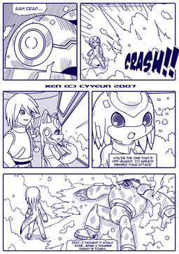 anthro breasts clothed clothed_human clothed_male clothing crash detailed_background dialogue female female_anthro frown group hair lying machine male male_anthro male_human on_back onomatopoeia smoke sound_effects tail text cyyeun xen_(series) switch_(xen) alien human mammal robot 2007 artist_name blue_and_white comic dated english_text monochrome
