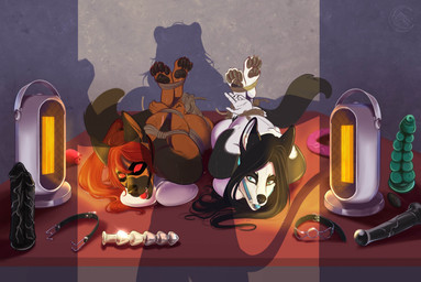anthro arms_tied ball_gag bdsm big_breasts black_body black_fur black_hair blue_ball_gag bondage bound breast_squish breasts brown_body brown_fur captured dildo domino_mask duo eyemask eyewear female fluffy fluffy_tail fur gag gagged hair heater legs_tied long_hair looking_at_viewer mask multicolored_body multicolored_fur nude nude_anthro nude_female pawpads questionable_consent red_ball_gag red_hair restraints rope rope_bondage sex_toy shadow squish tail two_tone_body two_tone_fur wearing_mask white_body white_fur cinnameana andrea_rayne roxanne_del_rio canid canine canis domestic_dog german_shepherd herding_dog husky mammal nordic_sled_dog pastoral_dog spitz 2026 hi_res story story_in_description