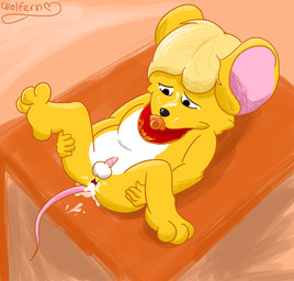 after_sex anthro baby_apron bodily_fluids brown_eyes butt butt_grab cum cum_in_ass cum_inside cum_on_face fur furniture genital_fluids hand_on_butt male neonate object_in_mouth pacifier pacifier_in_mouth paws shota solo spread_legs spreading table yellow_body yellow_fur young young_anthro young_male wolferno televisa mimoso_raton mammal mouse murid murine rodent hi_res