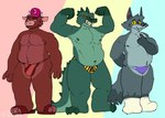 anthro bulge clothing flip_flops footwear green_body group hat headgear headwear male male/male nipples sandals shoes trio underwear yellow_sclera nasthane bovid bovine canid mammal scalie hi_res