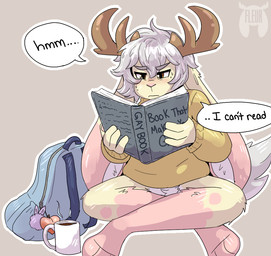 anthro antlers backpack beverage biped book brown_antlers clothing coffee coffee_mug crossed_legs dialogue fur hair horn male monotone_hair multicolored_body multicolored_ears multicolored_fur pink_body pink_ears pink_fur solo speech_bubble sweater tail text topwear two_tone_body two_tone_ears two_tone_fur white_hair yellow_body yellow_ears yellow_fur fleurfurr fleur_(fleurfurr) jackalope lagomorph mammal 2019 english_text