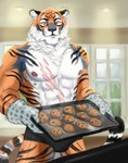 baking baking_tray bulge clothing cookie cooking detailed_background food holding_object kitchen_gloves male mostly_nude scar solo tray underwear chlorineartworks felid feline mammal pantherine tiger absurd_res hi_res