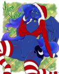 anthro biped bottomless choker clothed clothing female genitals half-closed_eyes holidays jewelry legwear looking_at_viewer narrowed_eyes necklace pussy sitting solo text thick_thighs thigh_highs chango-tan christmas friendship_is_magic hasbro my_little_pony princess_luna_(mlp) 4:5 absurd_res hi_res