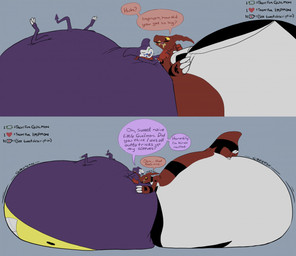 anthro belly belly_expansion belly_on_ground belly_on_head belly_overhang belly_squish belly_to_belly big_belly butt clothing competition compliment crumbs dialogue duo eating eating_food expansion gloves gloves_only green_sclera handwear handwear_only huge_belly hyper hyper_belly immobile kerchief kerchief_only laying_on_another lying lying_on_another male male/male monobutt morbidly_obese morbidly_obese_anthro morbidly_obese_male mostly_nude motion_outline neckerchief neckerchief_only neckwear nude obese obese_anthro obese_male on_back on_front onomatopoeia overweight overweight_anthro overweight_male petting sound_effects spade_tail speech_bubble squish standing tail talking_to_another text weight_gain weight_gain_drive yellow_sclera saphiros bandai_namco digimon digimon_(species) guilmon impmon 2020 english_text multiple_scenes