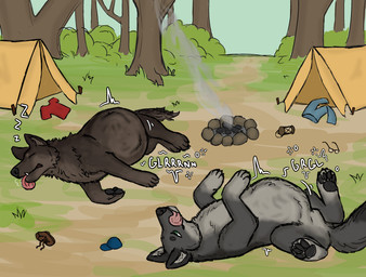 abdominal_bulge after_vore camping duo feral feral_pred licking licking_lips lying male on_back on_side rumbling_stomach sleeping tongue tongue_out vore hgythshs nuntis_(nuntis) canid canine canis mammal wolf absurd_res hi_res