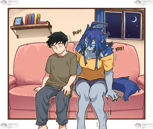 anthro blue_body blue_fur blue_hair bottomwear breasts clothed clothing crescent_moon duo eyes_closed female fully_clothed fur fur_growth furniture growth hair human_to_anthro inside larger_female male moon night on_sofa romantic romantic_couple shirt shorts sitting sitting_on_sofa size_difference sleeping smile sofa species_transformation t-shirt topwear transformation window rekidesu mythology ren_(rekidesu) tsukiko_(rekidesu) canid canine canis human mammal mythological_canine mythological_creature werecanid werecanine werecreature werewolf wolf hi_res