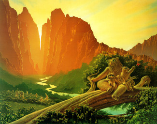 ambiguous_gender anthro canyon casual_nudity detailed_background fantasy female fur grass green_eyes group hill landscape mountain nature nude outside plant river sky sunset tail tree valley water young young_anthro michael_whelan arthropod butterfly insect lepidopteran unknown_species 1982