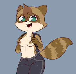 4_fingers anthro backpack bottomwear clothed clothing cute_fangs ear_piercing ear_ring fangs female fingers fluffy fluffy_tail green_eyes looking_at_viewer markings navel navel_piercing nipple_piercing nipples pants piercing ring_(marking) ring_piercing ringed_tail smile snaggle_tooth solo striped_markings striped_tail stripes tail tail_markings teeth topless topless_female ventral_groove e254e emily_(e254e) mammal procyonid raccoon absurd_res hi_res