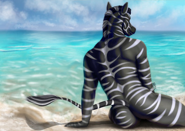 anthro beach male nude_anthro rear_view sea shadow sitting solo tail water fira.arts z33b3r equid equine mammal zebra absurd_res hi_res