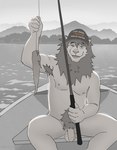 anthro armpit_hair balls baseball_cap baseball_cap_only belly_hair boat body_hair casual_nudity clothing fishing fishing_rod flaccid foreskin genitals grin hat headgear headwear humanoid_genitalia humanoid_penis humor looking_at_viewer male mane mountain nipples nude one_eye_closed open_mouth outside penis pubes saggy_balls sitting smile solo unretracted_foreskin vehicle watercraft echto felid fish lion mammal marine pantherine 2024 absurd_res hi_res