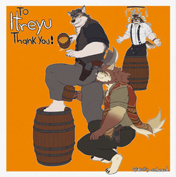 5_fingers anthro barefoot barrel biped butt_sniffing claws clothed clothed_anthro clothed_male clothing feet fingers group gun handgun humanoid_hands looking_back male ranged_weapon revolver sniffing suspenders trio weapon wolfy_eduard echo_(series) echo_project the_smoke_room itreyu kane_dunbar william_adler canid canine canis coyote mammal wolf colored hi_res signature