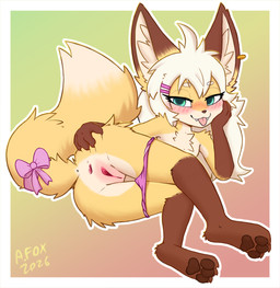 3_toes anthro anus blep blush body_blush bow_ribbon butt clothed clothing ear_piercing ear_ring feet female genitals hair loli long_hair looking_at_viewer panties panties_down partially_clothed pawpads piercing ring_piercing solo spread_vulva spreading tail teasing teasing_viewer teeth toes tongue tongue_out underwear underwear_down vulva vulva_blush young young_anthro young_female conditional_dnp mr.albafox miu_(aas) canid canine fox mammal hi_res
