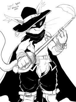 anthro belt boots cape clothing featureless_crotch footwear gloves handwear hat headgear headwear male mask melee_weapon rapier shoes smile smirk solo sword weapon winick-lim bandai_namco digimon digimon_liberator digimon_(species) felid feline mammal nyabootmon 2025 3:4 monochrome