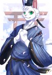 anthro asian_clothing blue_clothing blue_topwear clothing east_asian_clothing fur green_eyes hat headgear headwear japanese_architecture japanese_clothing looking_at_viewer male smile solo topwear white_body white_fur ivan-jhang felid feline mammal 2023 absurd_res hi_res