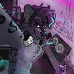 anthro beverage black_body black_fur black_hair cable disc_jockey electronics eyebrows fangs fur group hair headphones inner_ear_fluff laser looking_at_viewer male musical_note musical_symbol nipples rave selfie speaker stage standing symbol teeth text tuft nanethedeer canid canine mammal 1:1 2026 artist_name digital_media_(artwork) hi_res