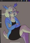 anthro antlers art_program_in_frame black_clothing black_shirt black_topwear blazer blue_clothing blue_eyes blue_highlights blue_lipstick blue_nose blue_topwear breasts cleavage clothed clothing crossed_legs eyelashes female freckles fur grey_background grey_body grey_fur grey_hair hair highlights_(coloring) horn jewelry lipstick makeup necklace shirt simple_background sitting snout solo tail tail_tuft topwear tuft xbutterscotch deltarune undertale_(series) carol_holiday deer mammal 2025 digital_media_(artwork) hi_res procreate_(artwork)
