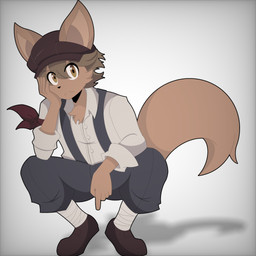 anthro bottomwear clothing crouching footwear fur gesture hair hand_gesture hand_on_face hat headgear headwear looking_at_viewer male pants pointing pointing_down shirt shoes solo topwear young young_anthro lemonlime cyberconnect2 fuga:_melodies_of_steel little_tail_bronx malt_marzipan canid caninu mammal 1:1 absurd_res hi_res