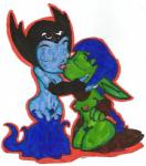 blue_body blue_hair blue_skin breasts duo female female/female genitals green_body green_skin hair kissing kneeling not_furry nude ponytail pubes pussy unknown_artist activision skylanders hex_(skylanders) stealth_elf_(skylanders) elf humanoid undead