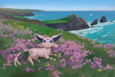 ambiguous_gender feral flower forehead_gem forked_tail fur gem grass lying plant purple_body purple_eyes purple_fur rock sea solo tail unusual_anatomy unusual_tail water spacecrow63 nintendo pokemon avian bird eeveelution espeon generation_2_pokemon generation_3_pokemon pokemon_(species) wingull 2026