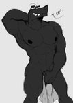 abs anthro biceps big_muscles black_body black_nipples covering covering_crotch covering_self dialogue eyebrows grey_background hand_behind_head holding_object holding_towel looking_at_viewer male muscular muscular_anthro muscular_male narrowed_eyes nipples nude obliques pecs pokemon_speak seductive sharp_teeth simple_background smile smirk solo standing teeth text towel zourik alphabet_(mike_salcedo) f_(mike_salcedo) scalie 2022 colored_sketch english_text flat_colors hi_res monochrome sketch