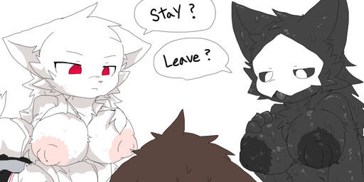 big_breasts black_body black_fur blue_eyes bone bone_mask breasts crossgender dialogue female fur group male mask skull skull_mask trio chano changed_(video_game) dr._k_(changed) lin_(changed) puro_(changed) canid canine canis human latex_creature mammal wolf