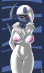 2015 absol anthro anthrofied breasts canid canine female fur generation_3_pokemon genitals hair hi_res looking_at_viewer mammal nintendo nipples nude pokemon pokemon_(species) pokemorph pussy red_eyes simple_background solo virate-chip white_body white_fur