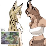 angry animal_ears bangs black_highlights blonde_hair bottomwear brown_body brown_bottomwear brown_clothing brown_eyes brown_hair brown_skin choker clothing duo female flesh_fang hair highlights_(coloring) jewelry long_hair looking_at_another midriff navel necklace neutral_expression open_mouth orange_eyes pale_skin reference_image sharp_teeth shirt side_bangs side_view simple_background t-shirt teeth topwear tube_top white_background white_clothing white_shirt white_t-shirt white_topwear white_tube_top gegegekman aggressive_caracal_chan serval_(gegegekman) animal_humanoid caracal_humanoid felid felid_humanoid feline feline_humanoid humanoid mammal mammal_humanoid serval_humanoid 2024 artist_name cel_shading hi_res portrait shaded three-quarter_portrait